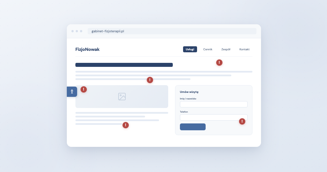 Interfejs strony gabinetu fizjoterapii z błędami dostępności oznaczonymi czerwonymi wykrzyknikami.